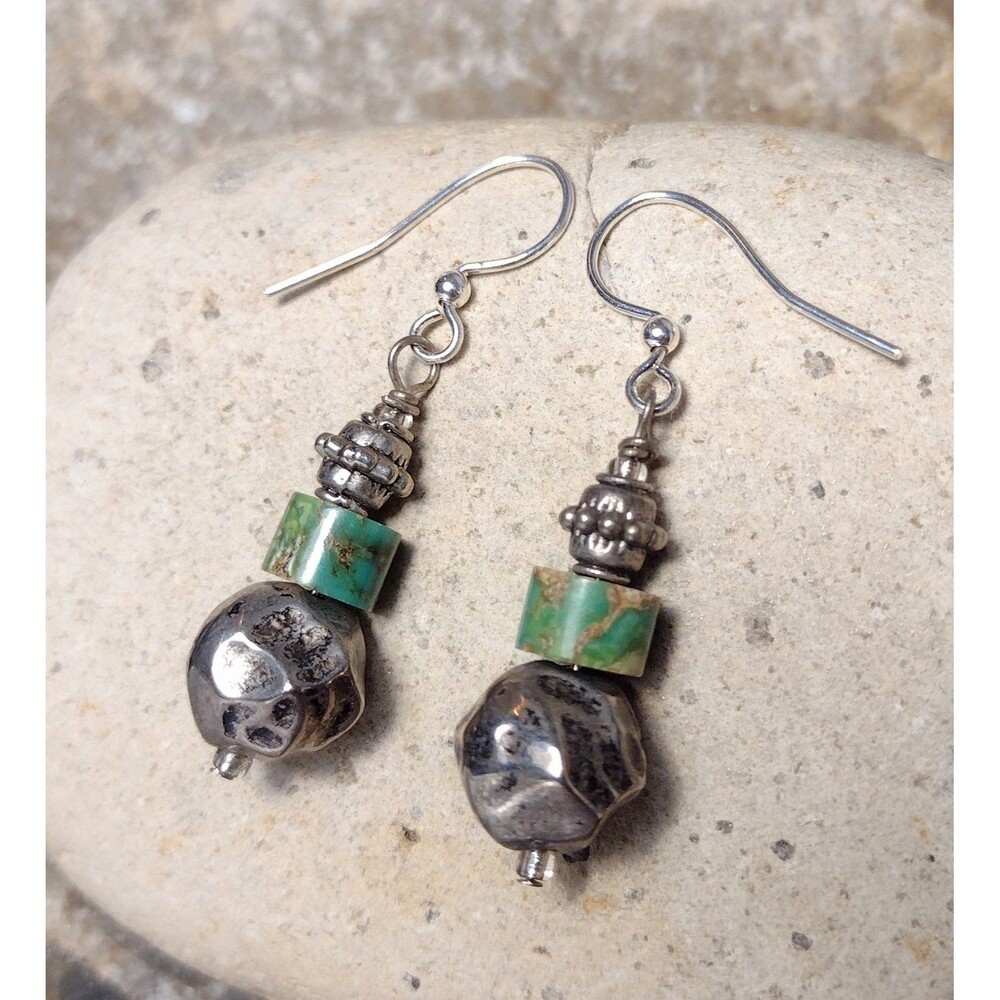 Vintage Turquoise Stone Heishi Beaded Sterling Silver Dangle Earrings
